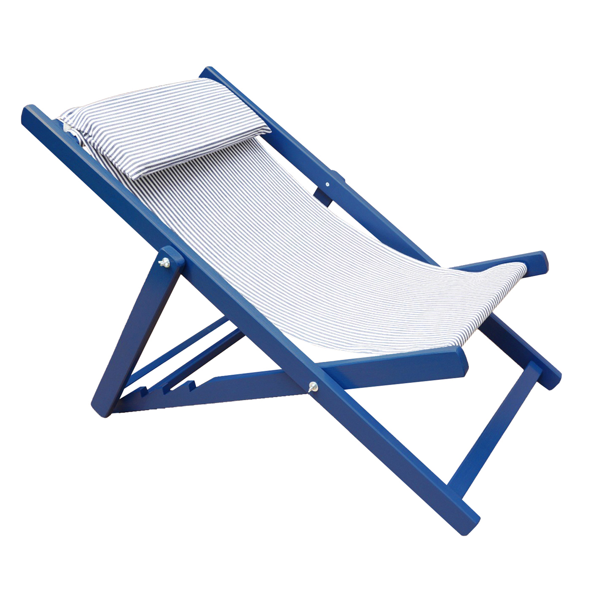 Deckchair, chaise longue in wood Côte d'Azur - structure blue - cotton canvas blue and white