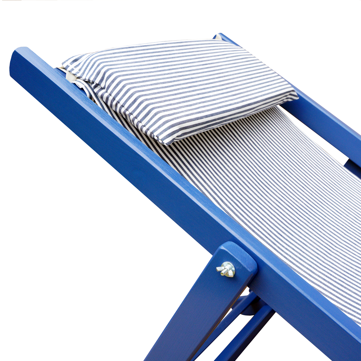 Deckchair, chaise longue in wood Côte d'Azur - structure blue - cotton canvas blue and white - Image 2