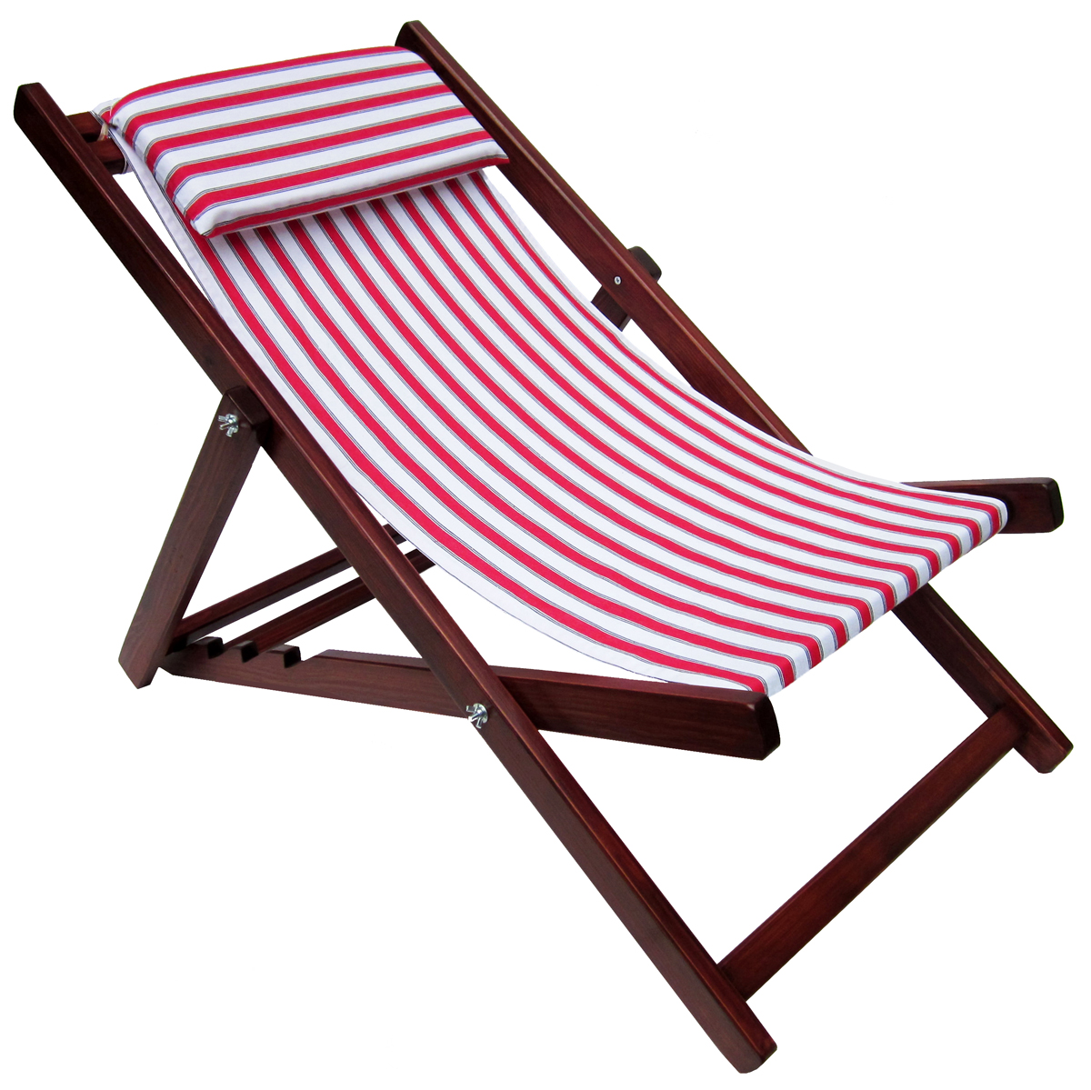 Deckchair, chaise longue in wood MARTINIQUE - structure chestnut - cotton canvas red and white