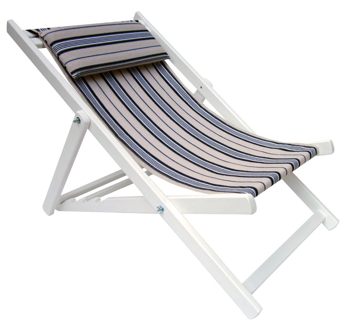 Deckchair, chaise longue in wood MONTE CARLO - structure white - cotton canvas beige and blue