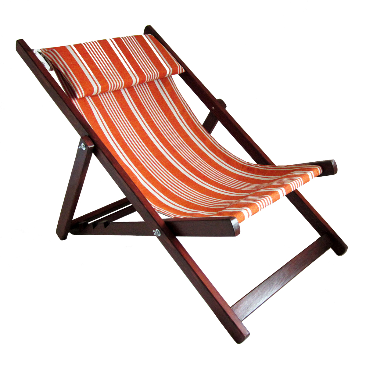 Deckchair, chaise longue in wood MARTINIQUE - structure chestnut - cotton canvas orange and white