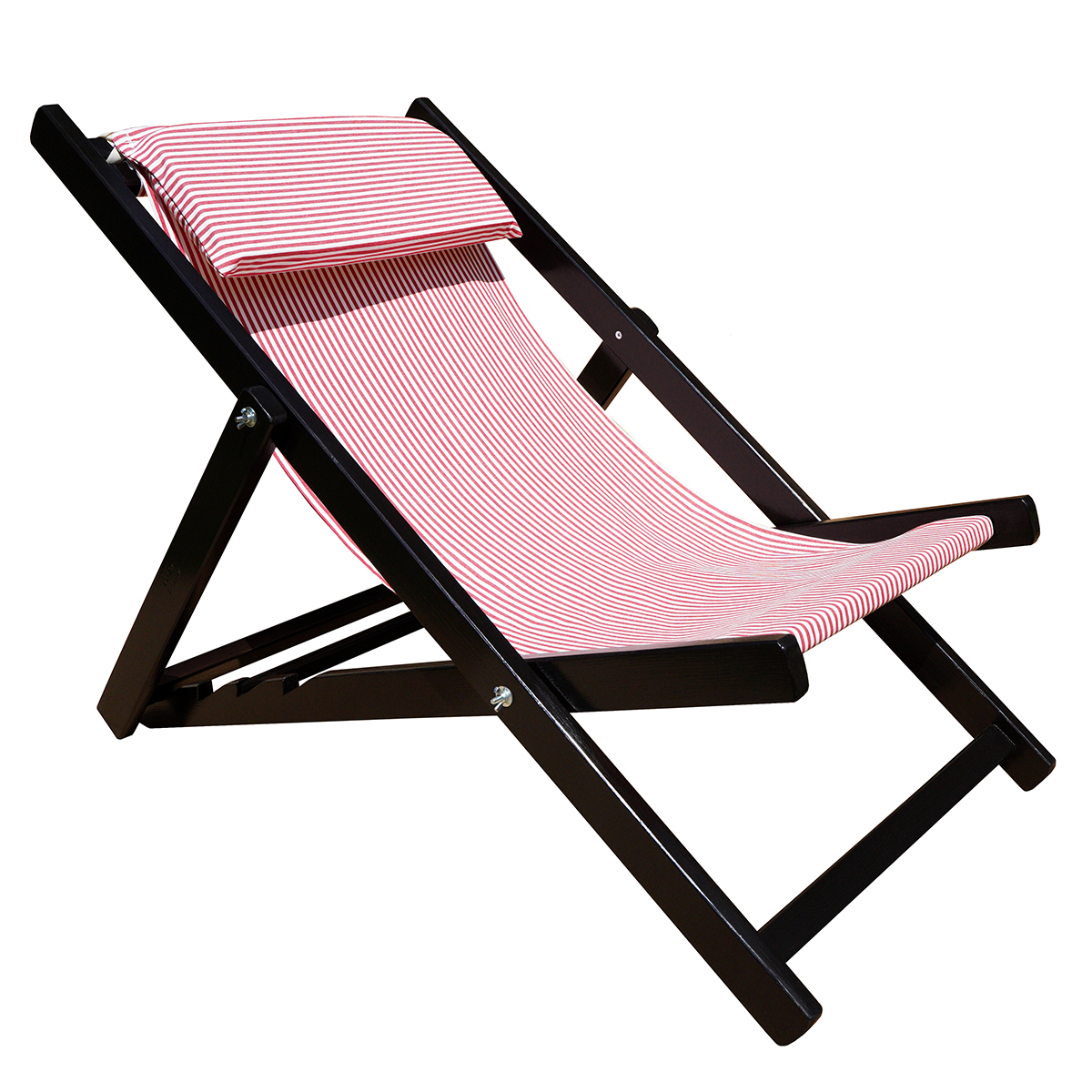 Deckchair, chaise longue in wood ANTIBES - structure wenge - cotton canvas red and white